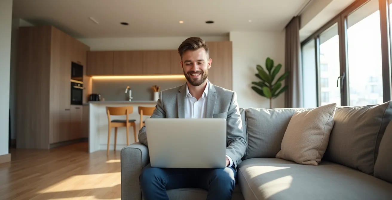 Professionnel travaillant dans un salon spacieux d'appart-hôtel avec cuisine équipée en arrière-plan, ambiance détendue et productive