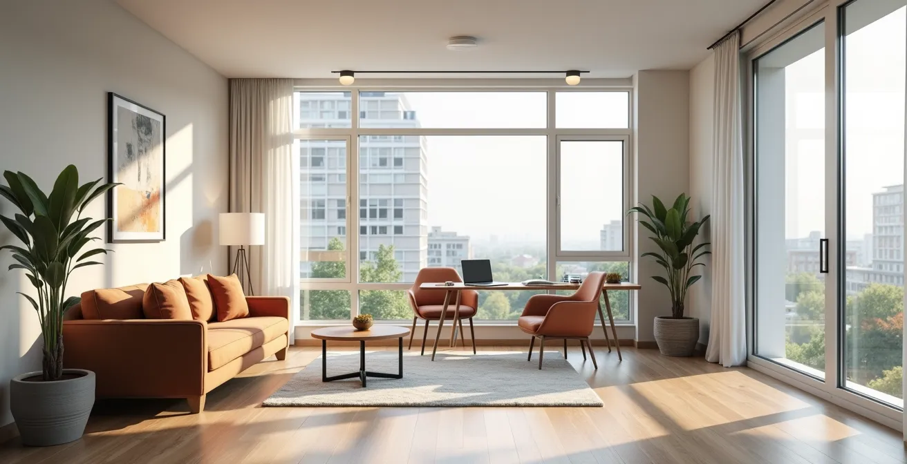 Salon moderne et spacieux d'appart-hôtel avec espace bureau intégré, éclairage naturel et mobilier contemporain favorisant la productivité
