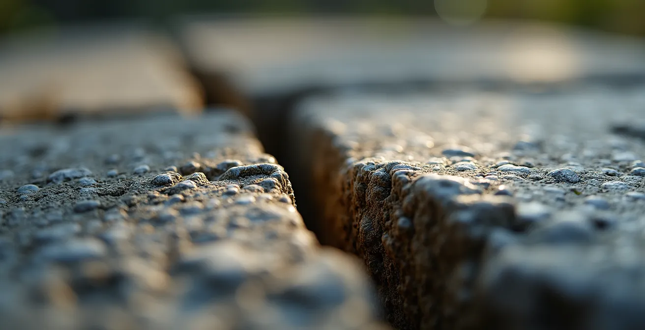 Détail macro montrant la surface rugueuse de deux pierres calcaires en contact avec leurs micro-aspérités visibles