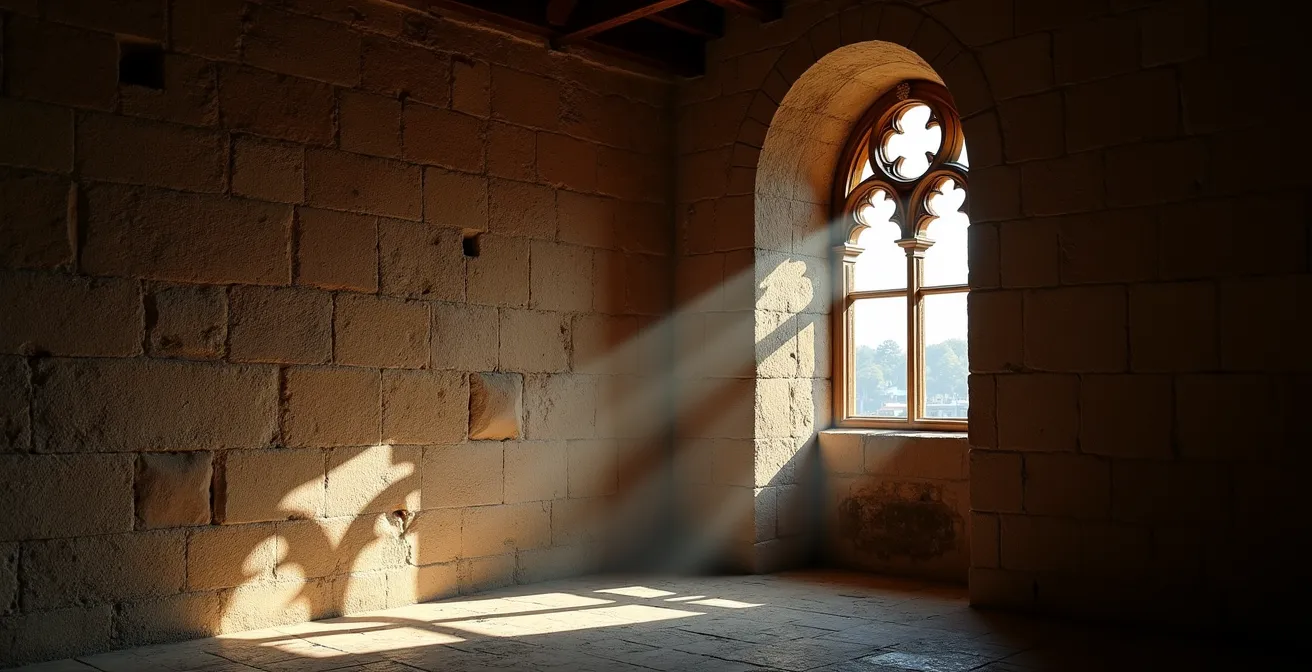 Jeu de lumière naturelle traversant une fenêtre Renaissance sur un mur de pierre