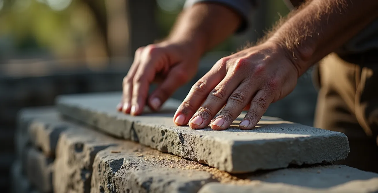 Mains d'un artisan positionnant délicatement une pierre calcaire plate avec précision millimétrique