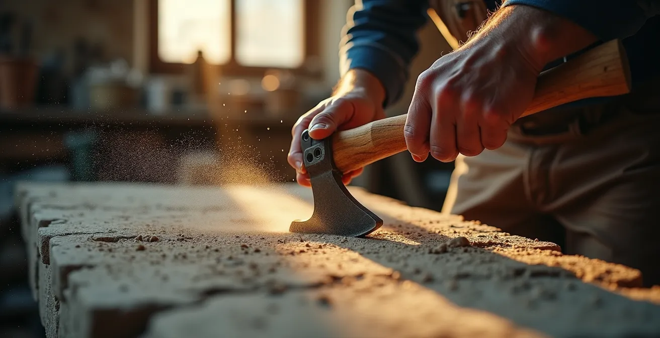 Mains d'artisan sculptant la pierre calcaire du château