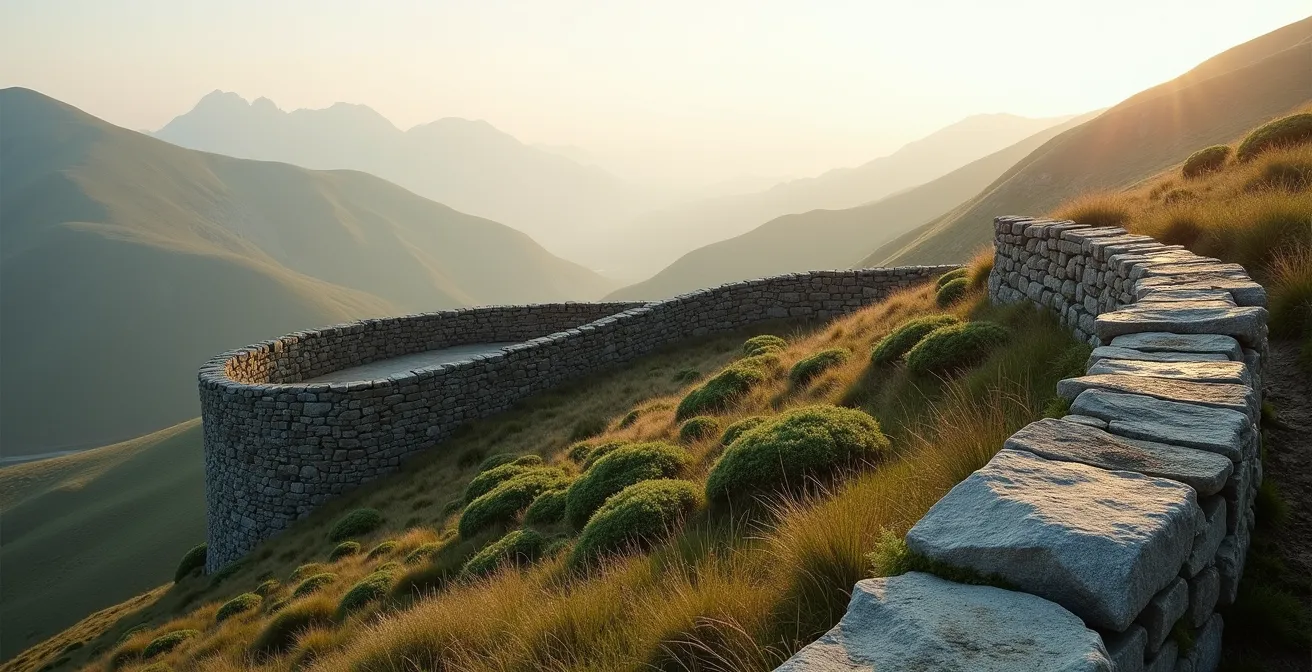 Mur en pierres sèches intégré dans le paysage avec mousses et plantes endémiques poussant entre les interstices